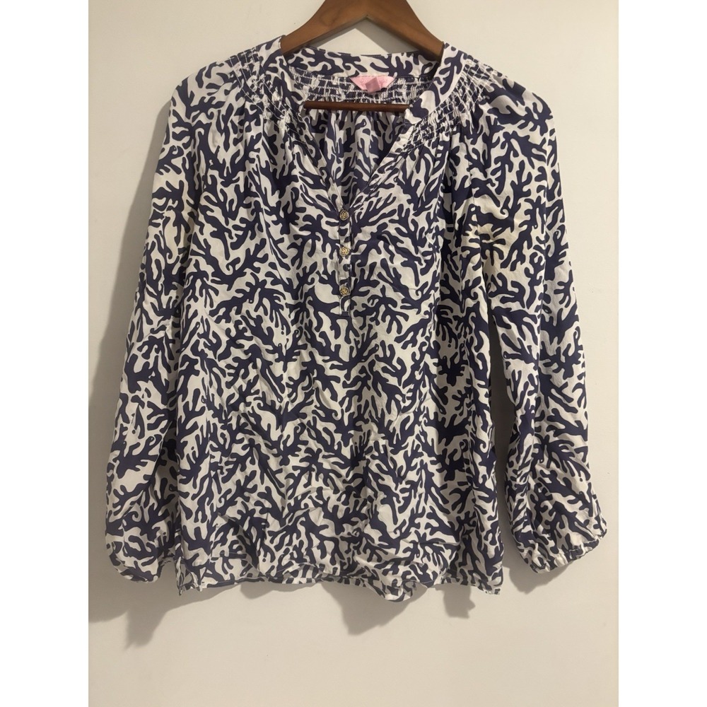 Lilly Pulitzer Blouse Women's‎ Silk V Neck Purple Medium Long Sleeve